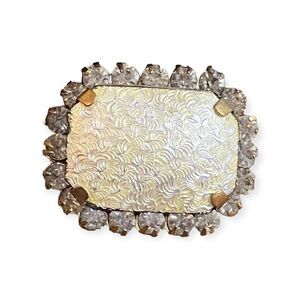 Vintage Guilloche Enamel Rhinestone Brooch Gold Tone Rectangle Cream Pin